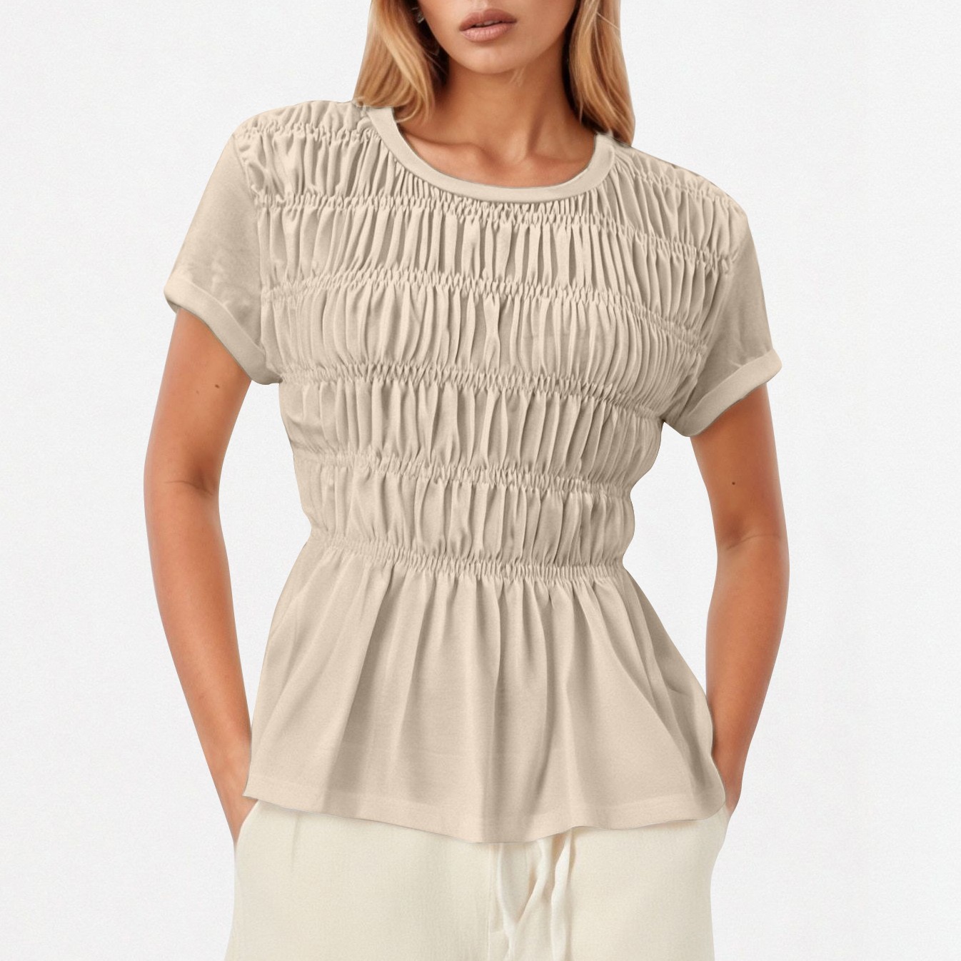 thumbnail image 2 of Top liso con cuello redondo y pliegues para mujer - Estilo informal, tejido transpirable - Tallas S-L, 2 of 4